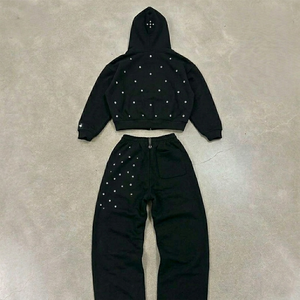Ensemble de survêtement de luxe personnalisé, coupe oversize, en coton de haute qualité, noir uni à pois, effet délavé à l'acide, avec sweat à capuche zippé et pantalon de jogging, deux pièces, hiver - Product Image 2
