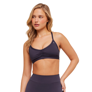 Custom Logo Women Midnight Purple Ruched Strappy Sports Bra Nylon Spandex <b>Light</b> Support Yoga Top Gym Fitness Workout Wear Purple - Product Image 6