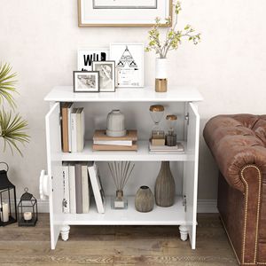 Buffet en bois blanc avec sculptures florales, armoire à 2 portes, meuble d'appoint décoratif, credenza de rangement pour salon ou entrée - Product Image 3