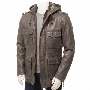 Chaqueta con capucha de cuero genuino negro para hombre con cierre de cremallera y múltiples bolsillos, estilo casual de otoño. - Product Image 2