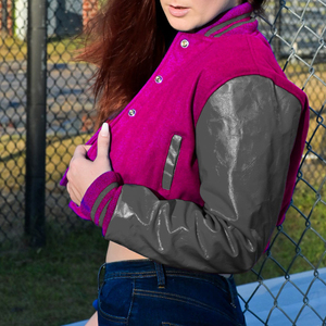 Womens Varsity Crop <b>Jacket</b> Purple <b>Silver</b> Letterman Style Bomber Coat Faux Leather Sleeves Casual Outerwear Ladies Fashion - Product Image 2