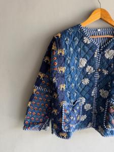Quilted Jacket Women's Blue <b>Animal</b> Print Cotton V-Neck Three Quarter Sleeve Autumn Style gift <b>for</b> her - Product Image 4