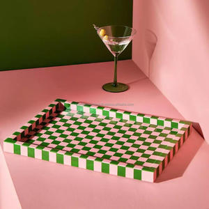 Modern Green and Pink Checkered Design Wood and <b>Epoxy</b> Resin Serving Tray One of a Kind Handmade Tray - Product Image 3