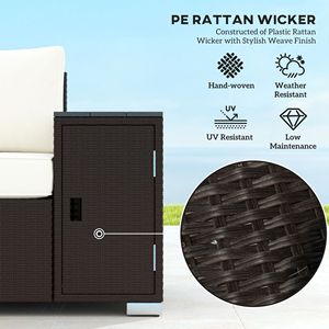 Cuscini ispessiti per divano da esterno in vimini a 3 posti bianco crema con braccioli larghi e portaoggetti per portico o cortile - Product Image 6