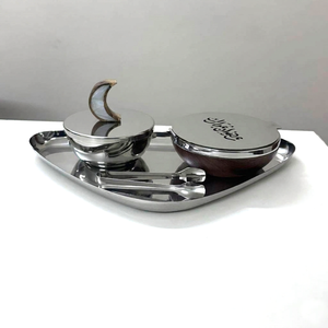 Elegant <b>Silver</b> Metal & Wood Incense <b>Burner</b> Set Featuring A Ramadan Mubarak Lidded Bowl, Crescent Handle, And Sleek Tray For Home - Product Image 2
