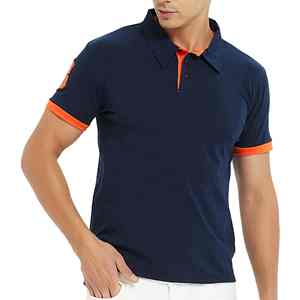 เสื้อโปโลชายสีน้ำเงินกรมท่า แขนสั้น แต่งขอบสีส้ม สไตล์ลำลอง ผ้าถักแบบสปอร์ต ระบายอากาศได้ดี - Product Image 1