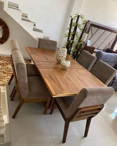 <b>Modern</b> Minimalist Solid Teak Wood <b>Dining</b> <b>Table</b> Set Upholstered Chairs Eco-Friendly Luxury Home Furniture Hotel Apartment/Villa - Product Image 1