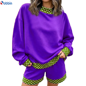 Outfit Hot Selling 2Pcs Set Women Polka Dot Trim Crew Neck Short Tracksuit Sets Custom Streetwear Contrast Color <b>Top</b> & Short set - Product Image 1