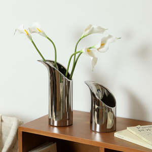 Vase à fleurs en acier inoxydable argenté, coupe oblique moderne, pot floral poli pour bureau, décoration de table minimaliste, artisanat métallique de luxe - Product Image 2