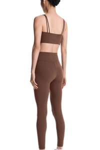 Women's Brown Seamless Twist Sports Bra With Crisscross Straps Medium Support Yoga <b>Top</b> Solid Color Front Logo - Product Image 4