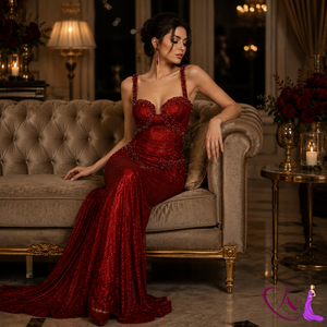 Luxury <b>Red</b> Glitter Mermaid Gown | Sweetheart Neck Designer Evening Dress | Crystal Embellished Party Wear for Women Wedding - Product Image 3