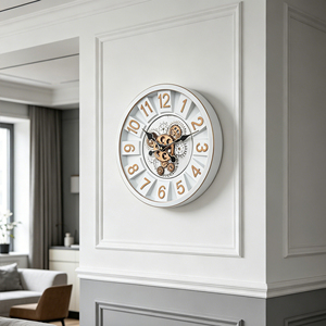 Moving gear wall <b>clock</b> 16 inch white vintage gold flat frame with 3D numerals clockwork for luxury home decoration - Product Image 4