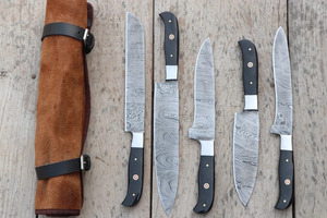 Juego de Cuchillos de Cocina de Acero de Damasco, 5 Piezas, Mango de Resina Negra, Juego de Cuchillos Profesionales para Chef con Bolsa de Cuero Enrollable, Fabricante - Product Image 3