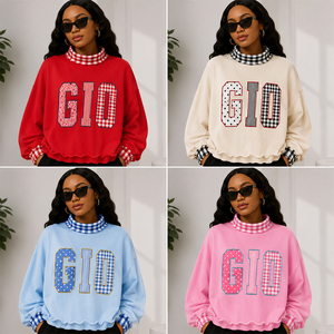 Sweat-shirt rouge personnalisé OEM pour femme, col montant, motifs mélangés, à carreaux, rayures, gingham, avec applique lettre, pull-over - Product Image 5