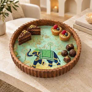 Botanical Enamel <b>Round</b> Wood <b>Tray</b> | Natural Wood Serving <b>Tray</b> with Ribbed Edge Elephant Floral Design Dining <b>Table</b> Home Decor Art - Product Image 4