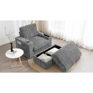Chaise longue da interno extra large da 42 pollici con divano letto in finta pelliccia di coniglio, poggiapiedi contenitore, braccioli e portabicchieri imbottiti SL - Product Image 2