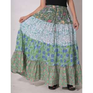 กระโปรงยาวลายดอกพิมพ์บล็อกผ้าฝ้ายสไตล์โบฮีเมียน งานแฮนด์เมด ซักได้ ดีไซน์จีบระบาย สำหรับผู้หญิง ใส่ในช่วงฤดูร้อน - Product Image 1