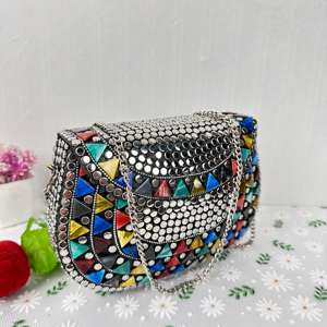 Vintage Traditional Metal Stone Work Evening Bag Women's Traditional Box Clutch <b>Sling</b> Chain Antique Jewel Mosaic Design Clutch - Product Image 5