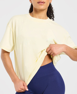 Camiseta de Manga Corta para Mujer, Cuello Redondo, Color Amarillo Pálido, Talla Grande, Corte Holgado, Color Sólido, Transpirable, de Algodón Jersey, para Primavera/Verano - Product Image 4