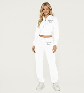 Conjunto Deportivo de Mujer con Capucha, Blanco, de Algodón, con Cremallera Frontal Completa, Logotipo Personalizado, Ropa Casual de Primavera - Product Image 1