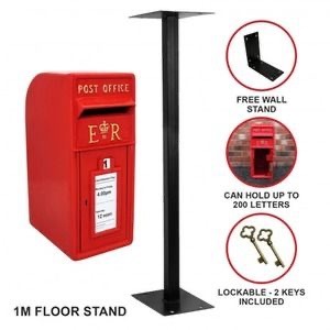 Vintage Red Metal <b>Post</b> <b>Box</b> with 1M Floor Stand Lockable Key Access Front Opening Waterproof & Rustproof Outdoor Mail Collection - Product Image 1