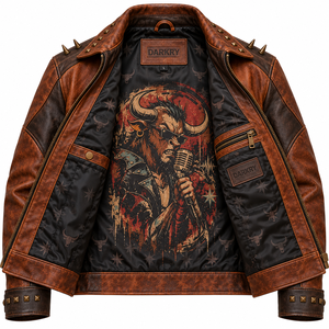 Brown Mens Leather Jacket Bull Graphic Print Spiked <b>Studded</b> Biker Coat Lapel Collar Custom OEM ODM Factory Wholesale Production - Product Image 5