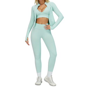 New Yoga Set Women 3 Piece Fitness Sportswear Long Sleeve Zip up Tops High Waist Gym Legging <b>Workout</b> Outfit with <b>jacket</b> - Product Image 3