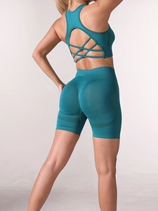 Teal 2 Piece Yoga Set <b>Crop</b> <b>Top</b> High Waist Shorts Seamless Spandex Polyester Racerback Scoop Neck Solid Color - Product Image 5