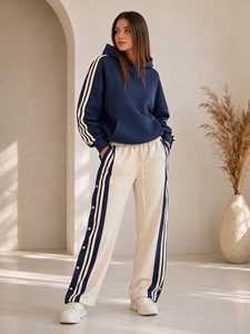 Conjunto Deportivo Ligero de Algodón 100% para Mujer, Azul Marino, con Capucha, Estampado 2 en 1, Manga Larga, Bolsillos Laterales con Diseño de Puntos/Leopardo, Corte Holgado, Casual - Product Image 1