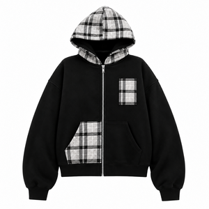 Sweat-shirt décontracté pour homme, noir, à fermeture éclair, avec poche et doublure en patchwork à carreaux - Product Image 1
