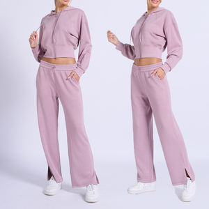 Women Hoodie Zip-Up Top Flared Pants Streetwear 100% Cotton Plus Size Gym Wear Set For Women - Product Image 4