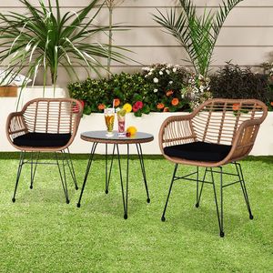 Set da Conversazione Oshion in Rattan Intrecciato Giallo Lino a 3 Pezzi con Tavolo in Vetro Temperato per Esterni - Product Image 6