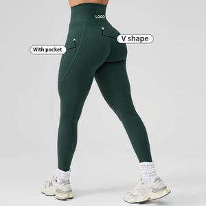 Pantalones de Yoga Deportivos Sólidos Personalizados de Cintura Alta con Efecto Scrunch y Realce de Glúteos, Leggings de Yoga con Espalda en V y Bolsillos para Entrenamiento y Gimnasio para Mujer - Product Image 3