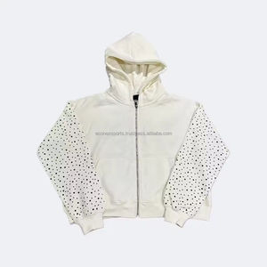 Sudadera con capucha 100% de algodón con cremallera para hombre, Sudadera con capucha de gran tamaño con bordado de diamantes de imitación personalizados, lavada con ácido, sudadera con capucha para hombre - Product Image 3