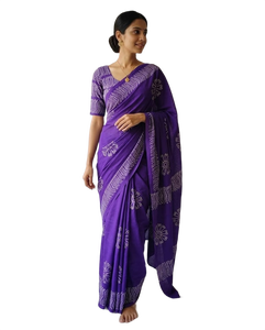 <b>Purple</b> Cotton Mulmul <b>Saree</b> Floral Print Lightweight Quick Dry Regular Fit Women Casual and Festival Wear - Product Image 1