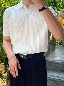 Camiseta de punto acanalado para hombre, cuello en V, manga corta, informal, lisa, color blanco, talla L - Product Image 6