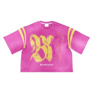 280 GSM French Terry Cotton Women Crop Top <b>T</b> Shirt Black Neon Panel Puff Print DTG Custom Logo Breathable - Product Image 2