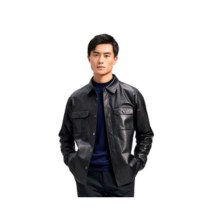 Veste en cuir rétro vintage à coupe cintrée pour homme Manteau d'automne en peau de mouton à revers court avec fermeture à glissière et bouton de décoration de style sportif - Product Image 2
