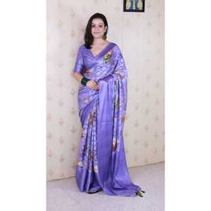 Sari de Georgette Violeta para Mujer con Blusa y Camisa Suave y Elegante con Estampado Floral y Tejido Zari - Product Image 6