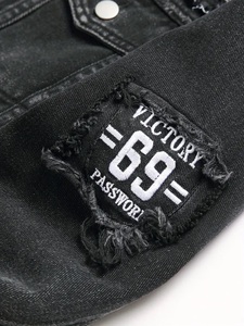 Men's Slim Fit Distressed <b>Denim</b> <b>Jacket</b> With Patches Punk Style Ripped Washed Black Button Front Coat Autumn Wear - Product Image 6