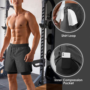 High Elastic Waistband 2 in 1 Gym <b>Shorts</b> For <b>Men</b> Drawstring Closure Type Inner <b>Compression</b> Liner Pocket <b>Shorts</b> OEM Service - Product Image 4