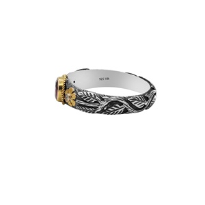 Anillo Floral de Plata de Ley 925 Oxidada de Dos Tonos con Oro de 18k y Rubí Natural Redondo, Joyas Memoria, Venta al por Mayor - Product Image 3
