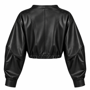 <b>Women</b>’s <b>Black</b> Faux Leather <b>Cropped</b> Hooded Jacket Long Sleeve Casual Zip Front <b>Top</b> - Product Image 3
