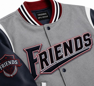 Veste varsity grise pour homme avec manches en cuir marine et logo brodé personnalisé sur la poche avant - Product Image 4