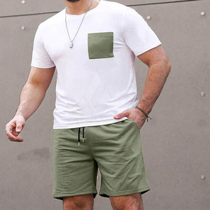 OEM Manufacture Casual Style Men's Summer Tracksuit T Shirt with chest pocket & Short <b>Set</b> 100% Cotton Plain Men Fashion <b>Set</b> - Product Image 1