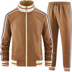 Ensemble de survêtement unisexe marron rayé sportif avec fermeture éclair intégrale, col montant, coupe classique, pour l'automne, en polyester et coton - Product Image 6
