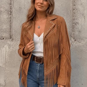 Chaqueta Marrón con Flecos, Cuello Camisero y Tachuelas, Chaqueta de Otoño para Mujer - Product Image 1