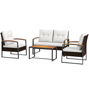 4-Piece <b>Swivel</b> Rattan Patio Furniture Set with Loveseat Sofa Chair Wood Coffee <b>Table</b> Cushions for Outdoor Backyard Use White - Product Image 1