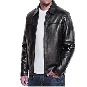 Veste moto en cuir véritable pour homme, col rabattu, fermeture éclair, couleur noire unie, longueur normale, vêtement d'automne - Product Image 1