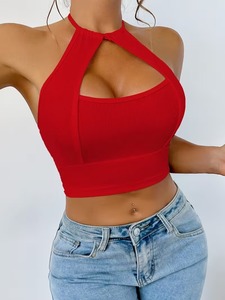 Ribbed Knit Halter Neck Cutout Activewear <b>Crop</b> <b>Top</b> Keyhole Front Tie Back Workout Sports Bra Elastic Athletic Tank - Product Image 2